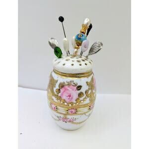 Antique Lot 9 Hat Pins in Porcelain Holder Pearl Peridot Glass Painted Bead Jet